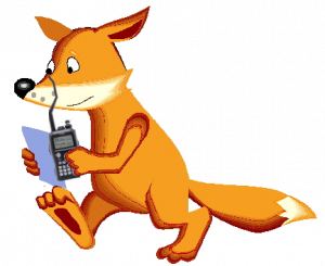 Anthromorphic fox cartoon carrying handheld, two-way raddio