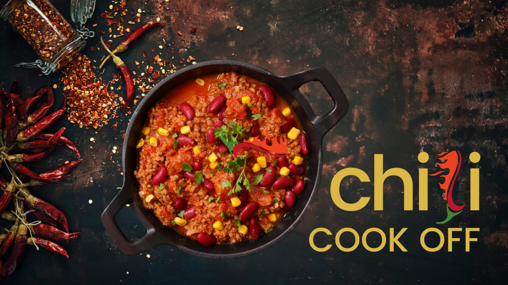 Photo of a kettle of chili soup and ingredients, with a superimposed words, chili cook off