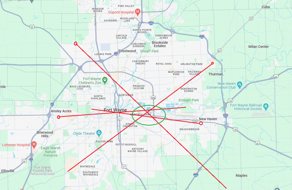 A map of the Fort Wayne area with simulated vectors drawn to show the approximate location of a hidden transmitter.
